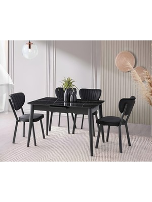 Viento Mobilya Venüs Sonata Highgloss Açılır 120X80 Masa Elma 4 Adet Siyah Babyface Kumaş Sandalye Masa Takımı