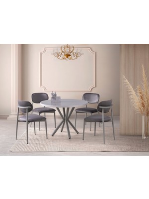Viento Mobilya Bohem Sis Gri Highgloss Yuvarlak 104X104 Masa Liza 6 Adet Gri Babyface Kumaş Sandalye Masa Takımı