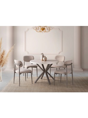 Viento Mobilya Bohem Traverten Mdf Yuvarlak 104X104 Masa Liza 4 Adet Vizon Bukle Kumaş Sandalye Masa Takımı