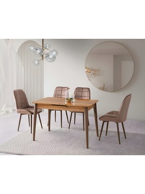 Viento Mobilya Venüs Hazal Highgloss Açılır 120X80 Masa Riva 4 Adet Kahve Babyface Kumaş Sandalye Masa Takımı