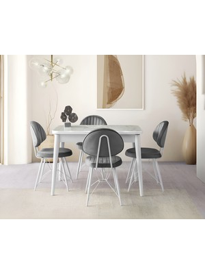 Viento Mobilya Kelebek Marmo Hg Açılır 110X70 Masa Ahtapot 4 Adet Gri Babyface Kumaş Sandalye Masa Takımı