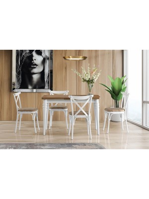 Viento Mobilya Polo Antik Çam Desen Açılır 120X70 Masa Bahar 6 Adet Vizon Döşeme Kumaş Sandalye Masa Takımı