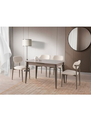 Viento Mobilya Venüs Cappucino Highgloss Açılır 120X80 Masa Liza 6 Adet Krem Bukle Kumaş Sandalye Masa Takımı
