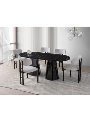 Viento Mobilya Bohem Sonato Highgloss Sabit 180X90 Masa Tuna 8 Adet Beyaz Bukle Kumaş Sandalye Masa Takımı
