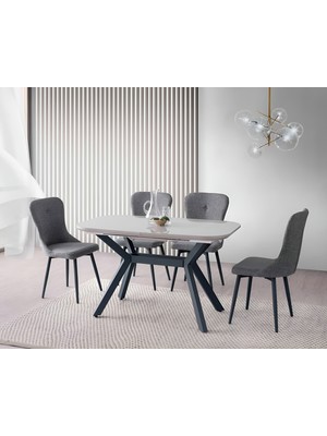 Viento Mobilya Valentin Gri Sis Highgloss Açılır 130X80 Masa Leon 6 Adet Gri Keten Kumaş Sandalye Masa Takımı