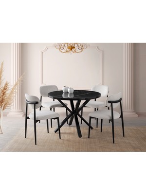Viento Mobilya Bohem Sonata Highgloss Yuvarlak 104X104 Masa Liza 4 Adet Beyaz Bukle Kumaş Sandalye Masa Takımı