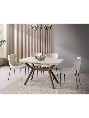 Viento Mobilya Valentin Aytaşı Hg Açılır 130X80 Masa Kelebek 4 Adet Krem Babyface Kumaş Sandalye Masa Takımı