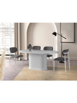 Viento Mobilya Bohem Beyaz Highgloss Sabit 180X90 Masa Liza 8 Adet Krem Bukle Kumaş Sandalye Masa Takımı