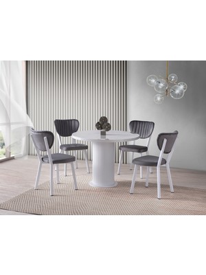 Viento Mobilya Bohem Marmo Highgloss Yuvarlak 104X104 Masa Elma 4 Adet Gri Babyface Sandalye Masa Takımı
