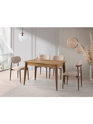 Viento Mobilya Venüs Leglano Desen Mdf Açılır 120X80 Masa Liza 4 Adet Vizon Bukle Kumaş Sandalye Masa Takımı