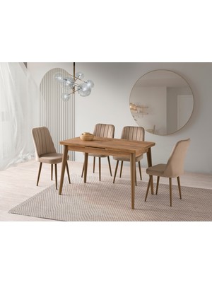 Viento Mobilya Polo Antik Çam Desen Açılır 120X70 Masa Nil 4 Adet Vizon Babyface Kumaş Sandalye Masa Takımı
