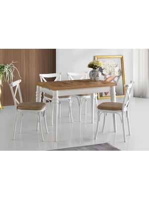 Viento Mobilya Büyüyen Antik Çam Desen Açılır 110X70 Masa Bahar 4 Adet Vizon Kumaş Sandalye Masa Takımı