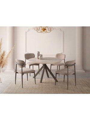 Viento Mobilya Nova Traverten Mdf Yandan Açılır 120X70 Masa Liza 6 Adet Vizon Bukle Kumaş Sandalye Masa Takımı