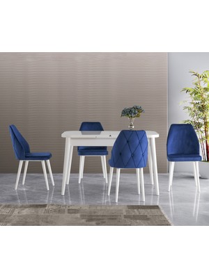 Viento Mobilya Lavinya Kaşıklıklı Beyaz Açılır 130X80 Masa Hira 4 Adet Mavi B.face Sandalye Kumaş Masa Takımı