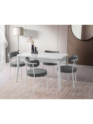 Viento Mobilya Kaşıklıklı Kelebek Beyaz Highgloss Açılır 135X80 Masa Vera 6 Adet Gri Bukle Sandalye Masa Takımı