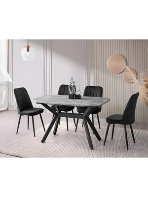 Viento Mobilya Valentin Retro Gümüş Mdf Açılır 130X80 Masa Nil 4 Adet Siyah Babyface Kumaş Sandalye Masa Takımı