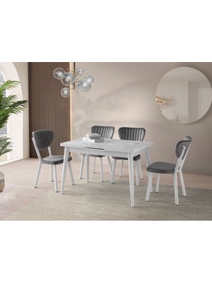 Viento Mobilya Polo Beyaz Mermer Desen Açılır 120X70 Masa Elma 6 Adet Gri Babyface Kumaş Sandalye Masa Takımı
