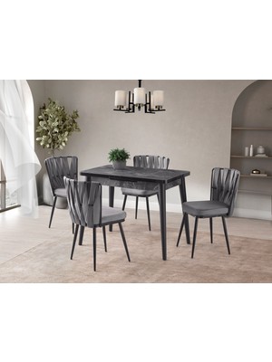 Viento Mobilya Polo Siyah Mermer Desen Açılır 100X60 Masa Örgü Ay 4 Adet Gri B.face Kumaş Sandalye Masa Takımı