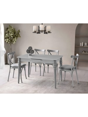 Viento Mobilya Venüs Gri Sis Highgloss Açılır 120X80 Masa Bahar 4 Adet Gri Babyface Kumaş Sandalye Masa Takımı