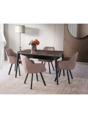 Viento Mobilya Kaşıklıklı Kelebek Kuvars Hg Açılır 135X80 Masa Lincolin 4 Adet Kahve B.face Sandalye Masa Takımı