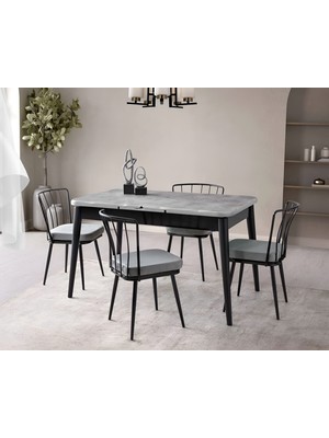 Viento Mobilya Kaşıklıklı Kelebek Retro Gümüş Mdf Açılır 135X80 Masa Ay 6 Adet Gri Babyface Sandalye Masa Takım