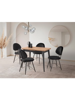 Viento Mobilya Polo Antik Çam Desen Açılır 100X60 Masa Ahtapot 4 Adet Siyah Babyface Kumaş Sandalye Masa Takımı