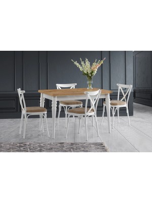 Viento Mobilya Yakamoz Antik Çam Desen Açılır 120X80 Masa Bahar 4 Adet Vizon Kumaş Sandalye Masa Takımı