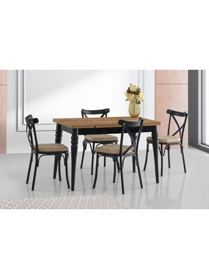 Viento Mobilya Yakamoz Antik Çam Desen Açılır 120X80 Masa Bahar 4 Adet Vizon Kumaş Siyah Sandalye Masa Takımı