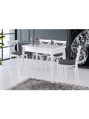 Viento Mobilya Dolunay Beyaz Renk Açılır 100X60 Masa Bahar 4 Adet Gri Kumaş Sandalye Masa Takımı
