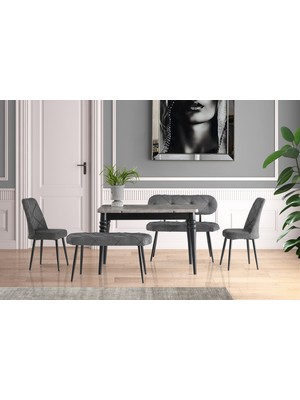 Viento Mobilya Yakamoz Retro Gümüş Desen Açılır 120X80 Masa 6 Kişilik Bench Takımı Gri Kazayağı Sandalye Masa Takımı
