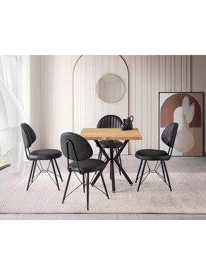 Viento Mobilya Kütük Leglano Desen Mdf Sabit 80X80 Masa Ahtapot 4 Adet Siyah Suni Deri Sandalye Masa Takımı