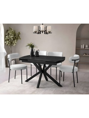 Viento Mobilya Anka Karbon Gri Highgloss Açılır 120X80 Masa Riva 6 Adet Gri Babyface Kumaş Sandalye Masa Takımı