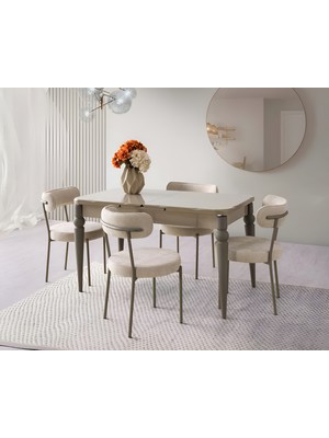 Viento Mobilya Kaşıklıklı Kelebek Cappucino Hg Açılır 135X80 Masa Vera 4 Adet Vizon Bukle Sandalye Masa Takımı