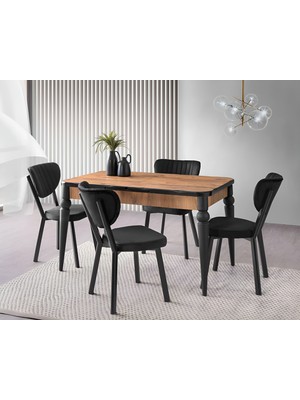 Viento Mobilya Kaşıklıklı Kelebek Antik Çam Mdf Açılır 135X80 Masa Elma 4 Adet Siyah Babyface Sandalye Masa Takımı