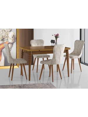 Viento Mobilya Yakamoz Antik Çam Desen Açılır 120X80 Masa Leon 4 Adet Krem Kumaş Sandalye Masa Takımı