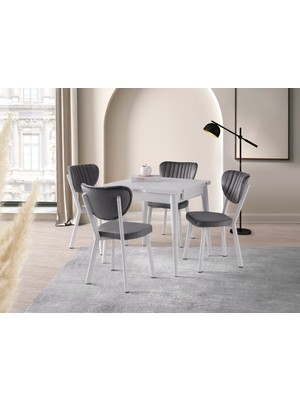 Viento Mobilya Luna Beyaz Renk Açılır 80X80 Masa Elma 4 Adet Gri Babyface Kumaş Sandalye Masa Takımı