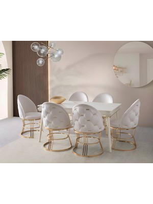 Viento Mobilya Roma Aytaşı Highgloss Açılır 155X90 Masa Carizma 6 Adet Krem Babyface Sandalye Masa Takımı