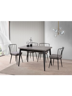 Viento Mobilya Polo Retro Gümüş Desen Açılır 120X70 Masa Ay 4 Adet Gri Babyface Kumaş Sandalye Masa Takımı