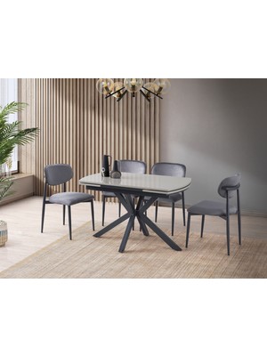 Viento Mobilya Anka Aytaşı Desen Highgloss Açılır 120X80 Masa Liza 4 Adet Vizon Bukle Kumaş Sandalye Masa Takımı