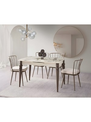 Viento Mobilya Venüs Venezia Highgloss Açılır 120X80 Masa Ay 6 Adet Krem Babyface Kumaş Sandalye Masa Takımı