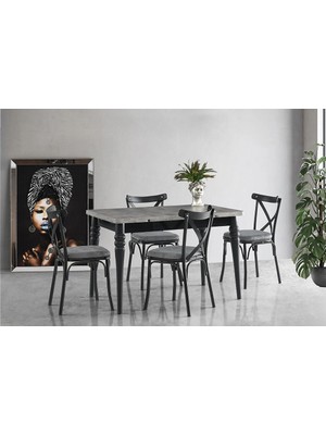 Viento Mobilya Yakamoz Retro Gümüş Desen Açılır 120X80 Masa Bahar 4 Adet Gri Kumaş Sandalye Masa Takımı
