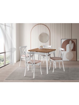 Viento Mobilya Luna Antik Çam Desen Açılır 80X75 Masa Bahar 4 Adet Vizon Döşeme Kumaş Sandalye Masa Takımı