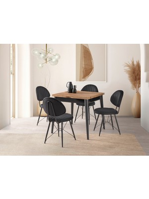 Viento Mobilya Luna Antik Çam Açılır 80X75 Masa Ahtapot 4 Adet Siyah Babyface Kumaş Sandalye Masa Takımı