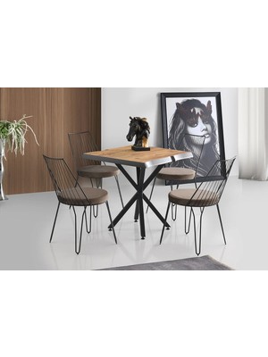 Viento Mobilya Kütük Antik Çam Desen Mdf Sabit 80X80 Masa Lady 4 Adet Kahve Döşeme Sandalye Masa Takımı