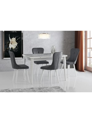 Viento Mobilya Yakamoz Beyaz Mermer Desen Açılır 120X80 Masa Leon 6 Adet Gri Kumaş Sandalye Masa Takımı