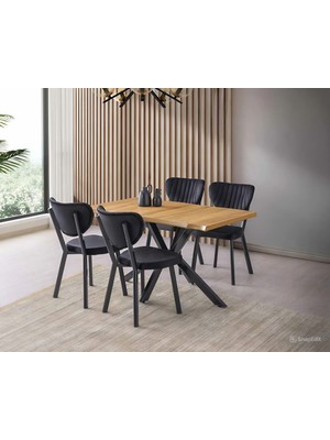 Viento Mobilya Kütük Leglano Desen Mdf Sabit 140X80 Masa Elma 4 Adet Siyah Babyface Sandalye Masa Takımı