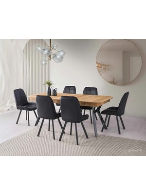 Viento Mobilya Stella Leglano Desen Mdf Açılır 200X100 Masa Riva 8 Adet Siyah Babyface Sandalye Masa Takımı