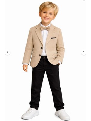 Erkek Çocuk Keten Spor Blazer Ceket, Pantolon ve Papyon (Gömlek Dahil Değil) Takım Elbisesi - 4414-1