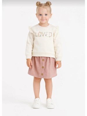 Kız Çocuk "loved" Nakışlı Sweatshirt ve Kadife Etek Ikili TAKIM-107581B