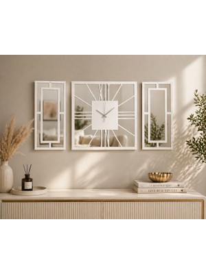 Ergeç Tasarım Modern Beyaz Pleksi Aynalı 3’lü Duvar Saati Seti 40X40 cm Dekoratif Mdf Salon Saati